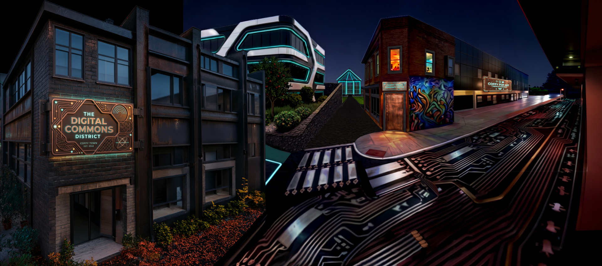 Night view of the Creative Commons District: the district sign on brick, an unassigned office building, teal-lit Garden Center greenhouses, and the Coffy Pop Art storefront along a circuit-board street.
