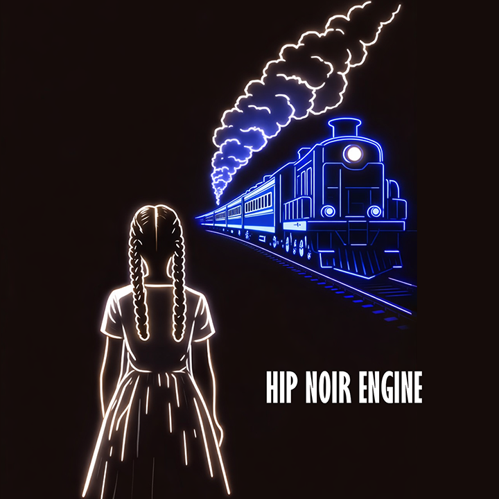 HIP Noir Engine — neon girl watching a neon train arrive