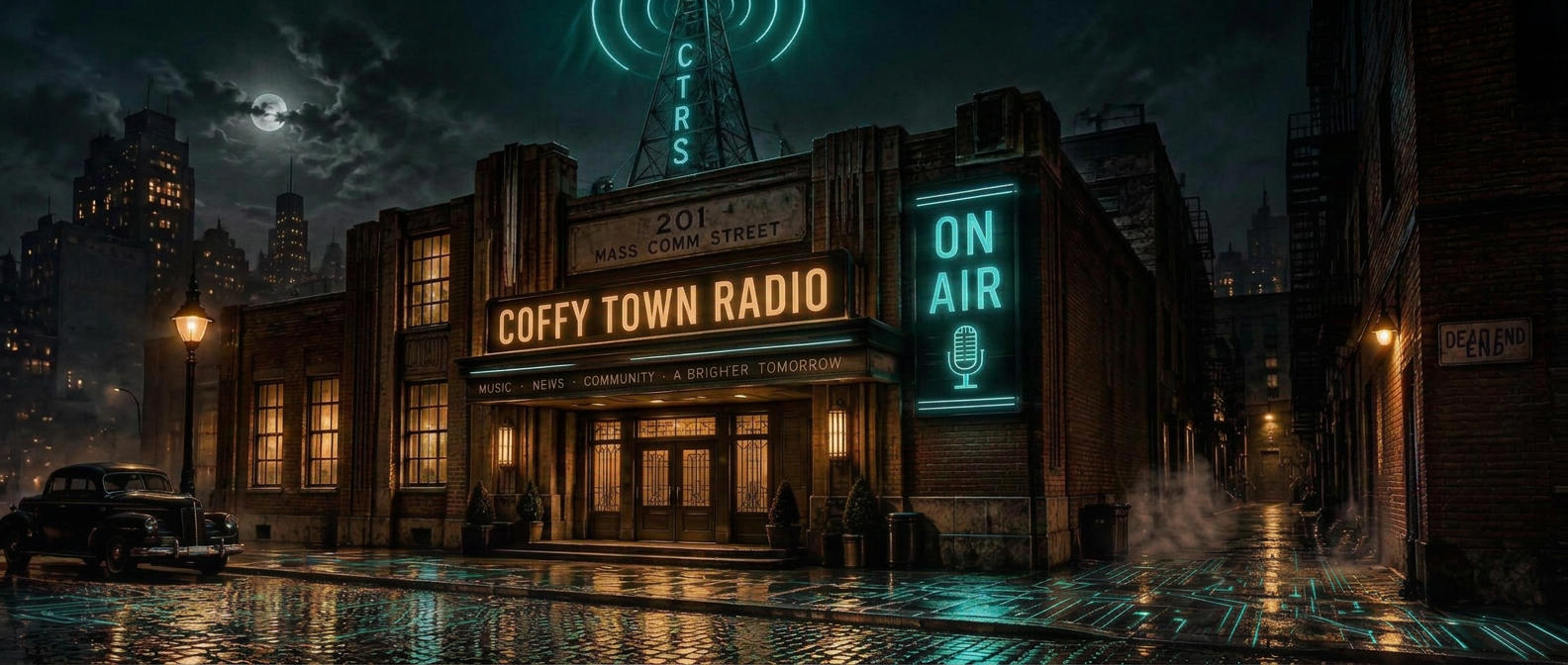 The Coffy Town Radio Station building at 201 Mass Comm Street at night, its antenna and On Air sign glowing teal